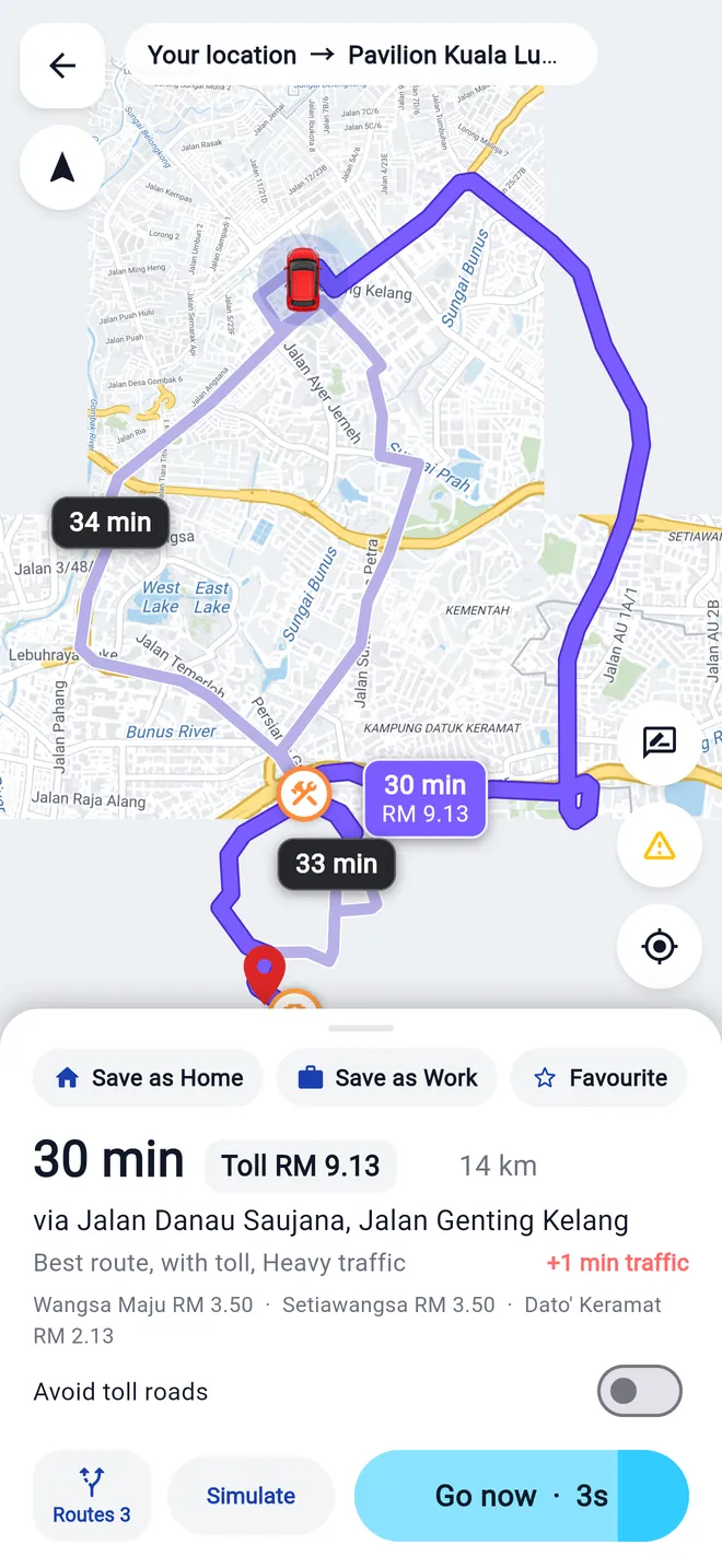 Route preview showing 30 minutes, toll RM 9.13 and the toll plazas on the way