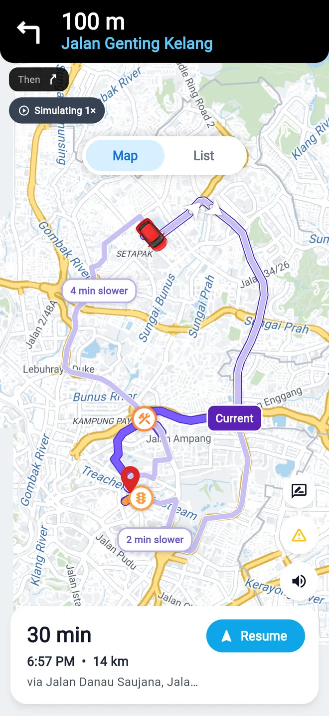 Alternative routes shown on the map while driving