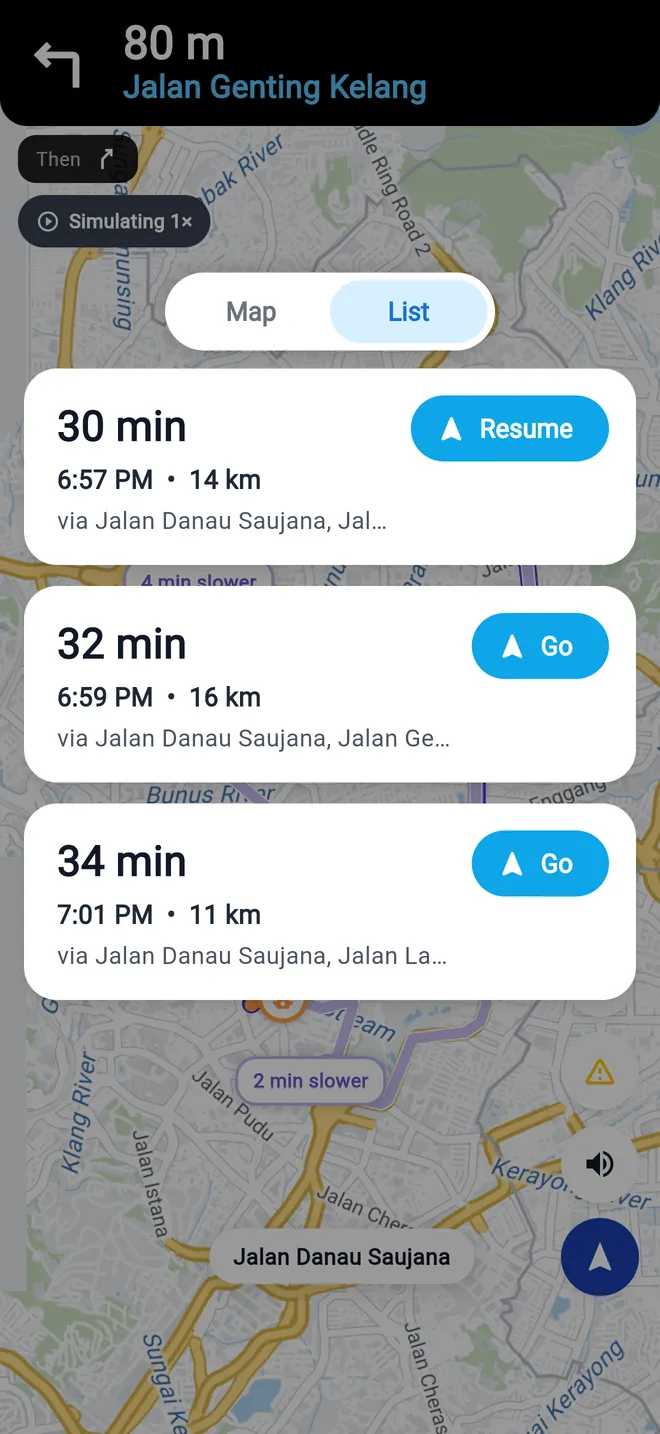 Alternative routes shown as a list with Resume and Go buttons