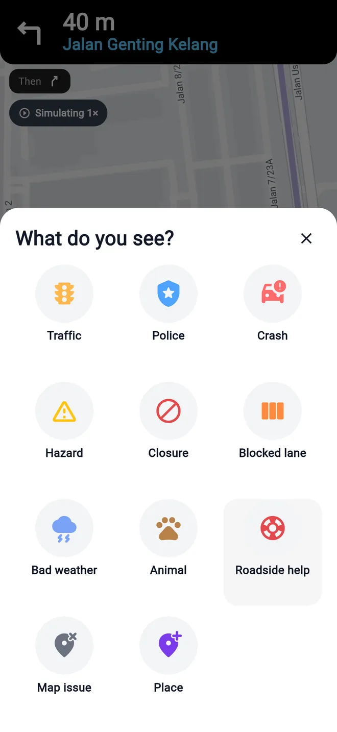 Report sheet asking What do you see? with traffic, police, crash, hazard, closure and more